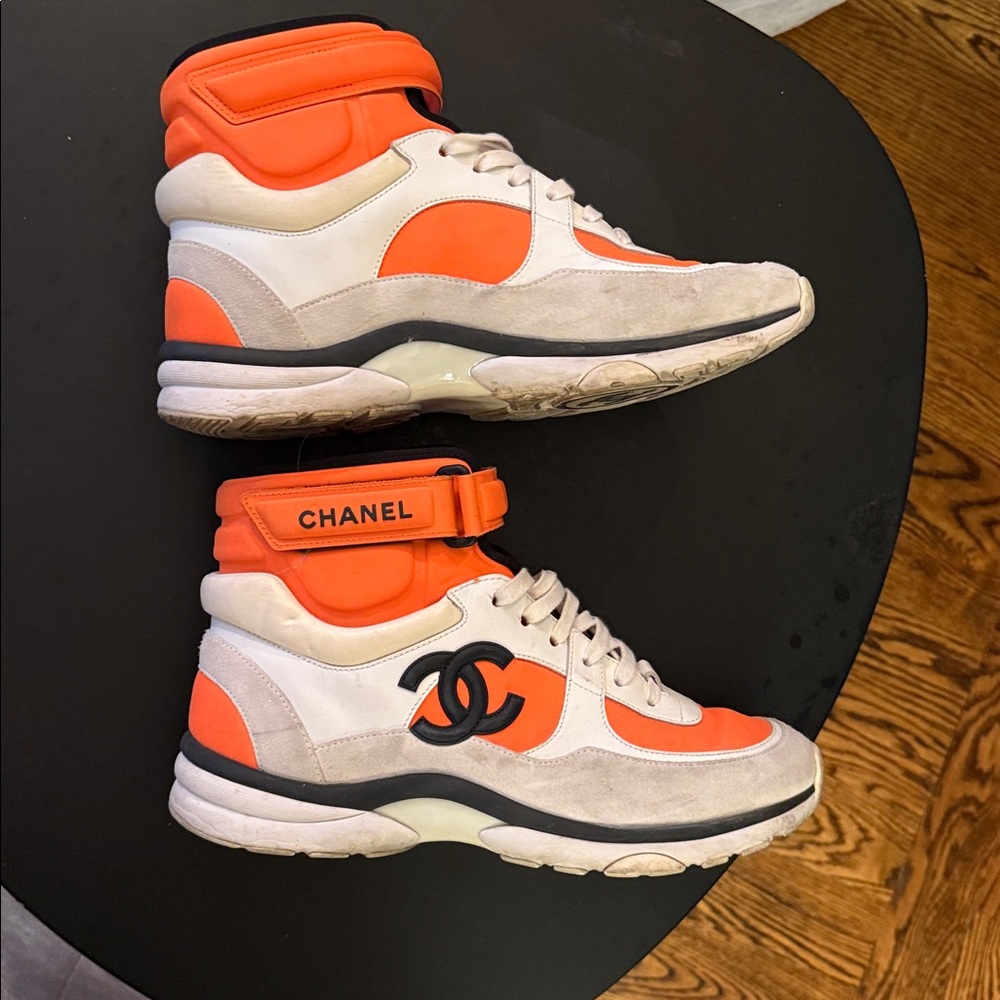 CHANEL Orange and Cream High-Top Sneakers